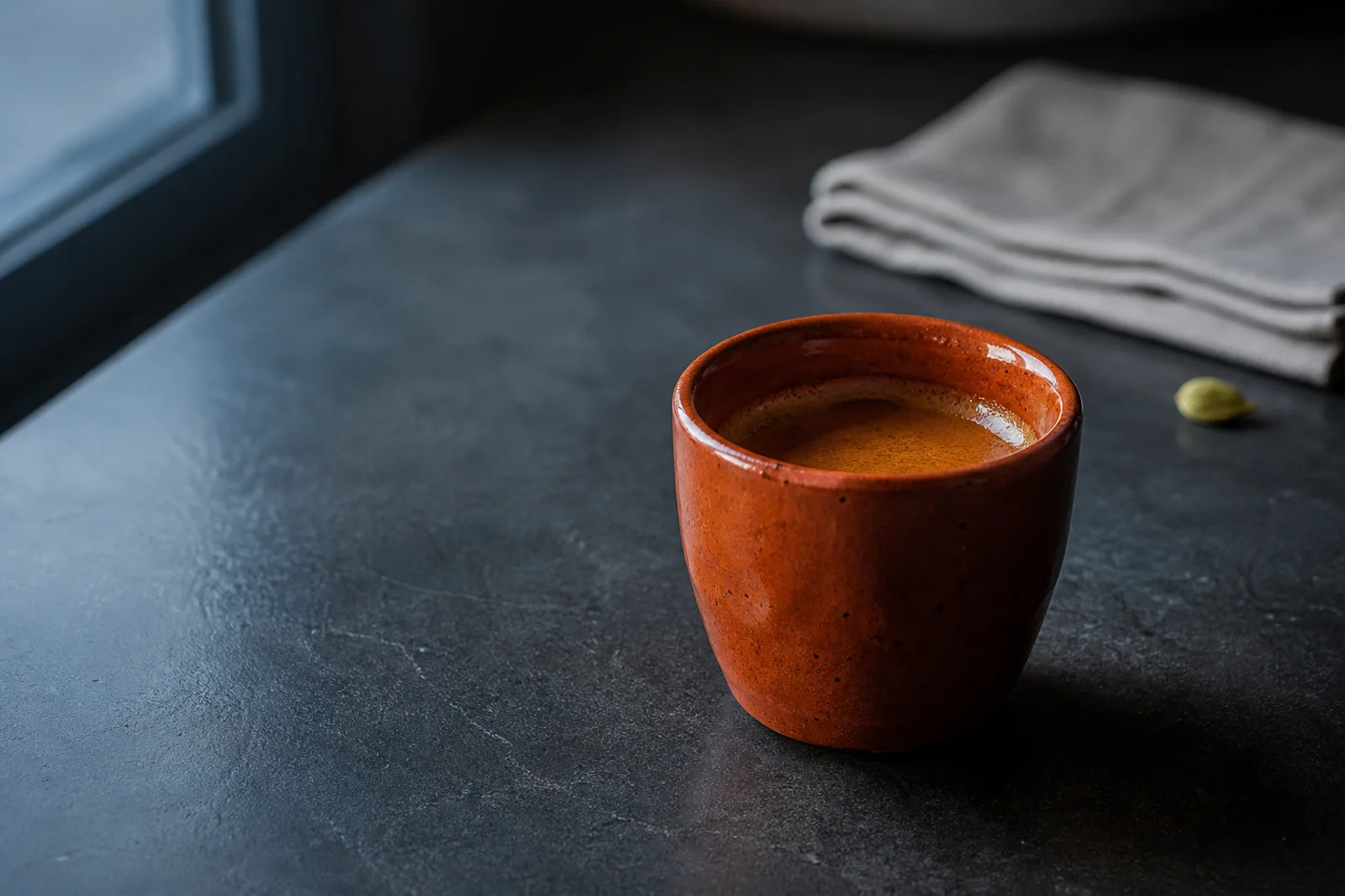 A burnt-orange ceramic espresso cup placed on the right with clean negative space on the left