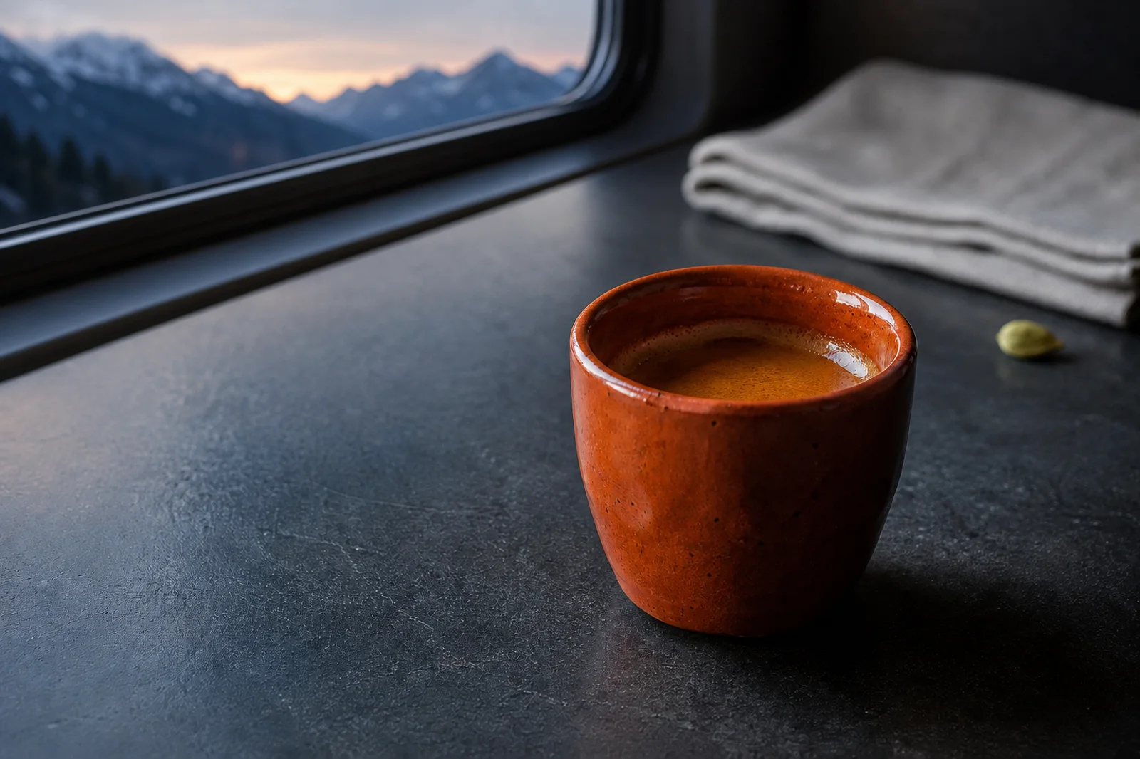 The same orange espresso cup beside an alpine train window