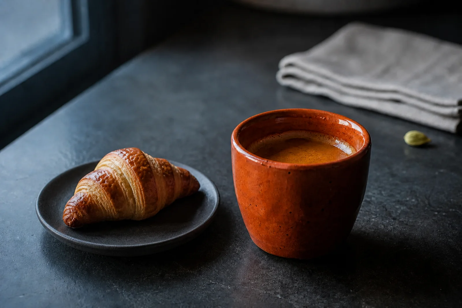 The orange espresso cup with a croissant added on a charcoal side plate