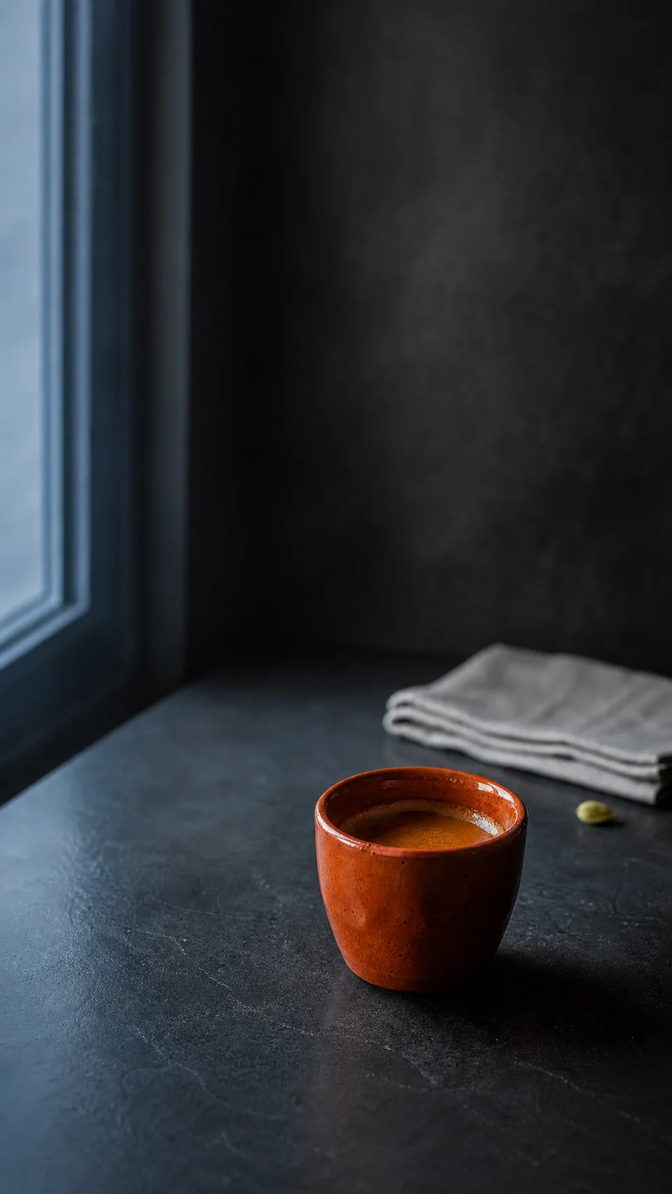 A vertical social-story version of the orange espresso cup with dark empty space above it