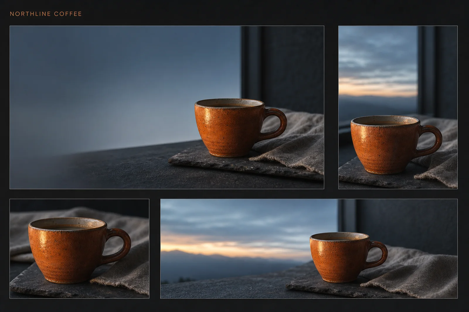 A coordinated set of coffee-brand campaign images arranged as a compact visual system