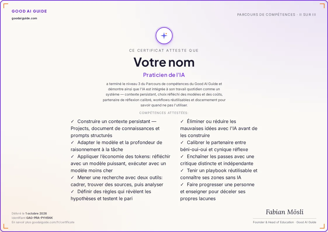 Un exemple de certificat Praticien de l'IA au nom de « Votre nom », avec les dix compétences qu'il atteste et la signature de Fabian Mösli.