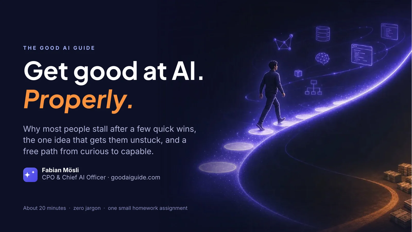 Title slide: Get good at AI. Properly. Why most people stall after a few quick wins, the one idea that gets them unstuck, and a free path from curious to capable. Fabian Mösli, CPO & Chief AI Officer, goodaiguide.com. About 20 minutes, zero jargon, one small homework assignment. On the right, an illustration of a person walking up a glowing path.