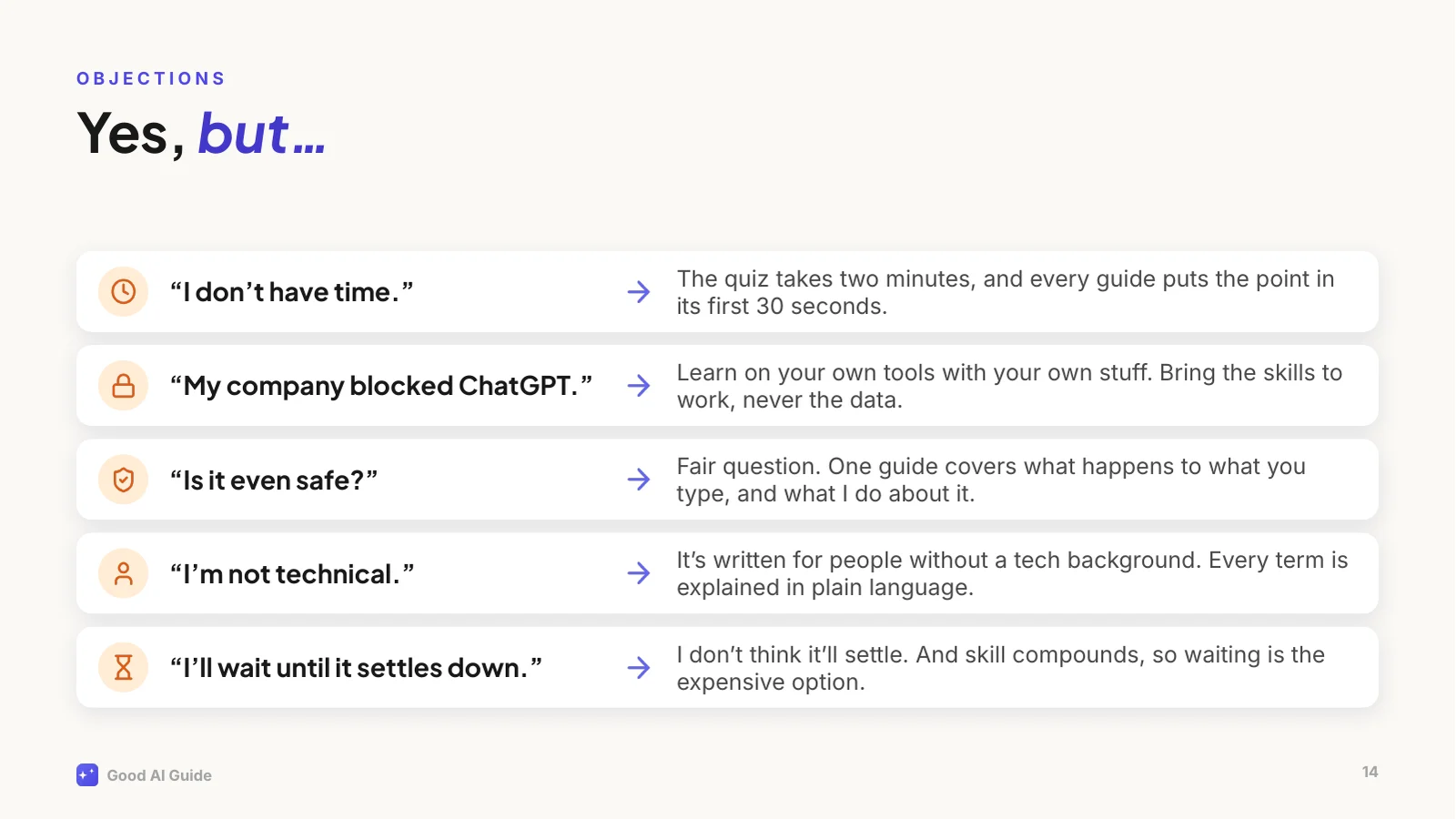 Five objections and their answers. “I don’t have time.” The quiz takes two minutes, and every guide puts the point in its first 30 seconds. “My company blocked ChatGPT.” Learn on your own tools with your own stuff. Bring the skills to work, never the data. “Is it even safe?” Fair question. One guide covers what happens to what you type, and what I do about it. “I’m not technical.” It’s written for people without a tech background. Every term is explained in plain language. “I’ll wait until it settles down.” I don’t think it’ll settle. And skill compounds, so waiting is the expensive option.