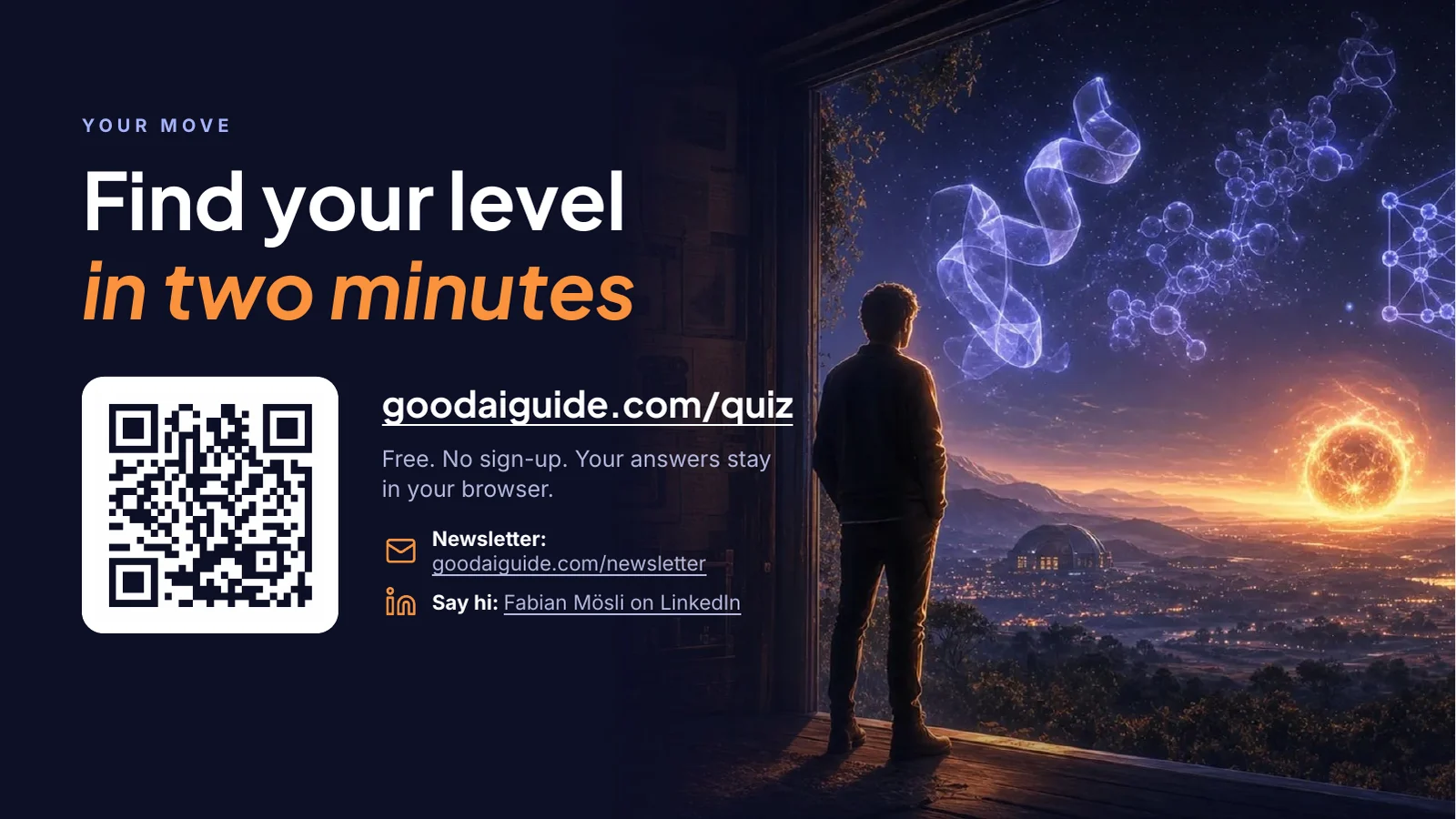 End slide: Your move. Find your level in two minutes. goodaiguide.com/quiz, with a QR code that opens it. Free, no sign-up, and your answers stay in your browser. Newsletter: one email when I’ve learned something worth sharing, at goodaiguide.com/newsletter. Say hi: Fabian Mösli on LinkedIn. On the right, an illustration of a person in an open doorway looking out at a sunrise.